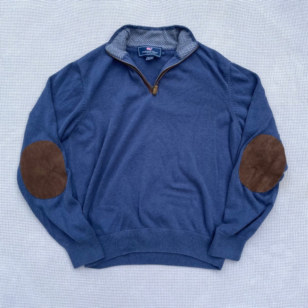 Vineyard Vines Quarter Zip Sweater Men Small Blue Excellent Alpaca Elbow Patches